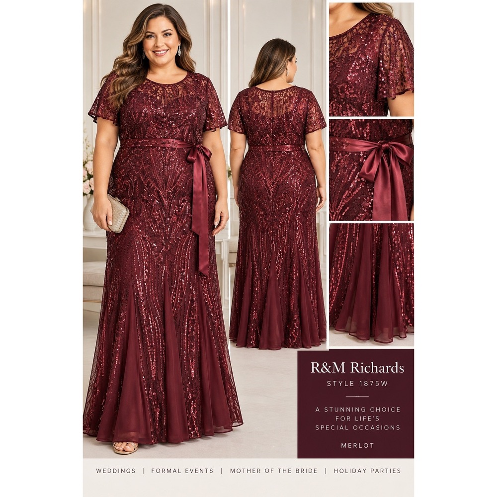 NWT R&M Richards 20W Merlot Sequin Lace Formal Maxi Gown Wedding Evening Formal